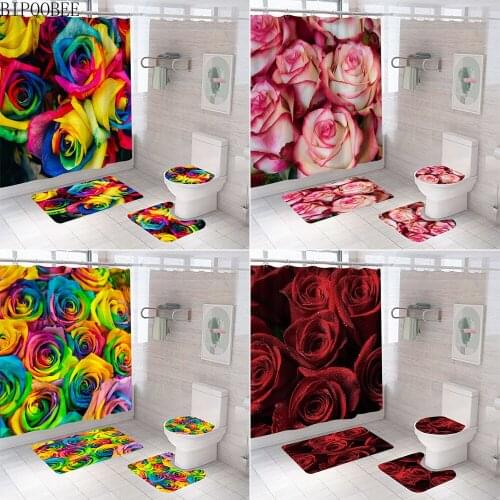 3D Rose Shower Curtain Waterproof Fabric Bathroom Curtains Colored Flowers Flannel Toilet Lid Cover Anti-slip Rugs Bath Mat