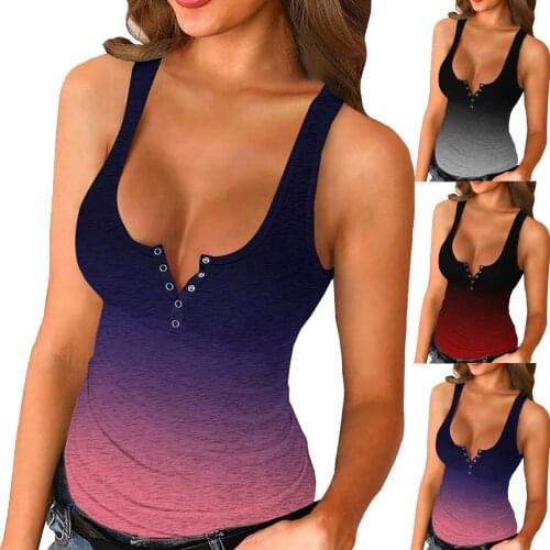 Womens Sexy Low Cut Button Stripe Down Tight Slim Fitted Tee Tops T-Shirt Color Gradient Perfectly Suits Any Occasions Shirt
