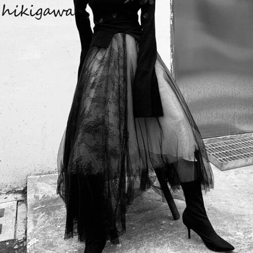 Hikigawa Harajuku Skirts Womens 2021 Chic Gauze Patchwork Jupe Korean Punk Slim Fit Y2k Faldas De Mujer Fashion Maxi Skirt