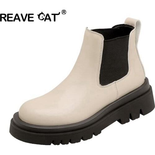 REAVE CAT Women ankle boots natural leather cowhide stitching twill Chelsea boots cyberstar Fashion skinny boots Elastic band