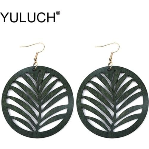 YULUCH Trendy Round Green Red Black Hollow Wood Grass Pattern Big Long Dangle Earrings For Ethnic African Women Fashion Jewlery
