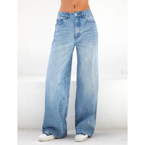 2021 New Style Womens Casual Loose Jeans Breathable Wide-Leg Pants with Pockets Summer Spring Fashion Denim Long Trouser