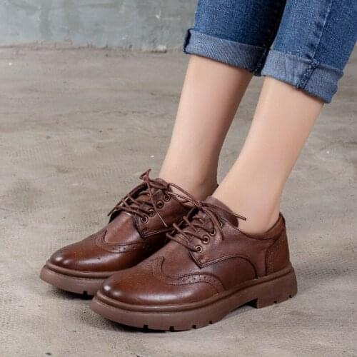 Genuine Leather British Style Womens Shoes Spring 2021 New Lace-up Cowhide Deep-mouth Shoes Casual Low-heeled Shoes Women