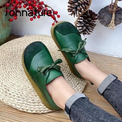 Johnature 2021 New Spring/Autumn Pumps Women Shoes Genuine Leather Lace-Up Retro Handmade Shallow Concise Wedges Ladies Shoes