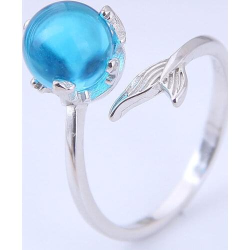 Silver color Ring for Women Natural Stone Round Beads Fish Design Finger Rings Blue Crystal Quartz Silver Color Party Jewelry