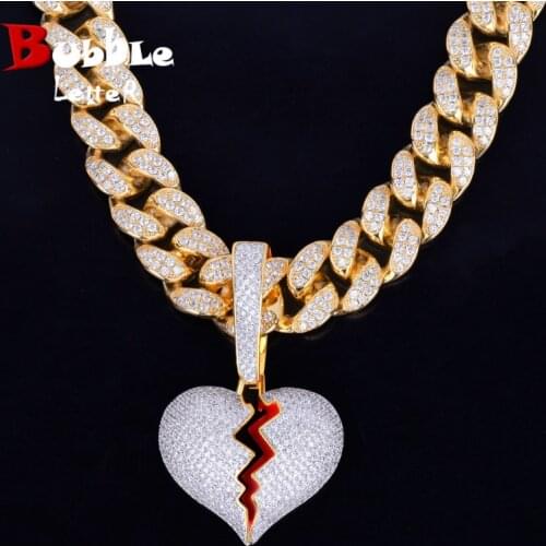 With 20MM Cuban Chain Gold Color Broken Heart Pendants Necklaces Bling AAA Zircon Mens Hip Hop Jewelry For Gift