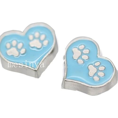 10pcs Blue Dog Paw Heart Shape Custom Floating Charms For Glass Locket
