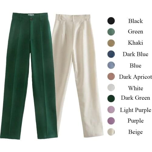 TRAF ZA Women Clothing Pants 2021 Chic Fashion Elegant Office Wear Straight Pants Vintage High Waist Zipper Fly Female Trousers