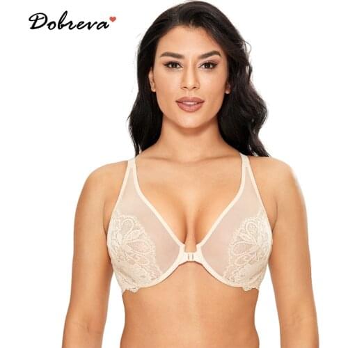 DOBREVA Womens Front Closure Unlined Underwire Plus Size Minimizer Bralette Lace See Through Bra DD E F Cup