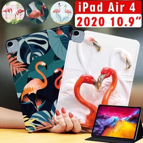 For Apple IPad Air 4 2020 10.9 Inch Tablet Case PU Leather Flamingo Print Pattern Stand Cover Case + Free Stylus
