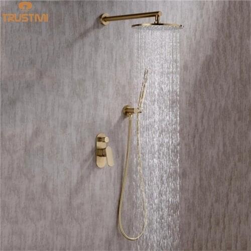Bathroom Shower Solid Brass Set Rianfall Shower Head Shower Faucet System Wall Mounted Shower Arm Mixer Water Sets Brushed Gold