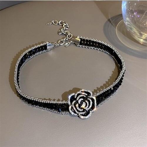 FYUAN Handmade Black Crystal Choker Necklaces for Women Elegant Camellia Necklaces Wedding Banquet Jewelry