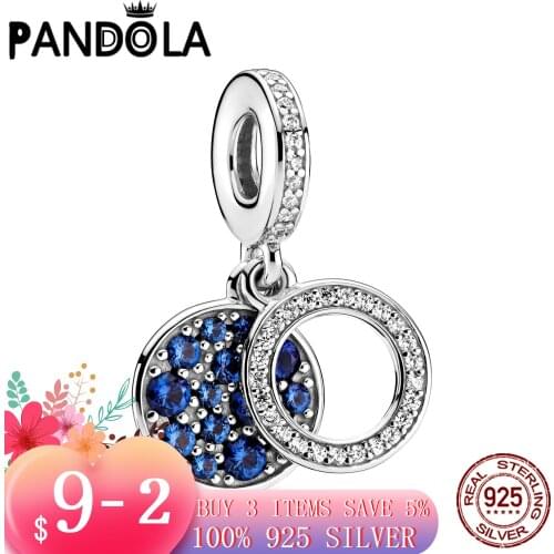Hot 100% 925 Sterling SILVER charms Sparkling Blue Disc Double Dangle Charms fit Original Pandora Bracelet silver 925 jewelry