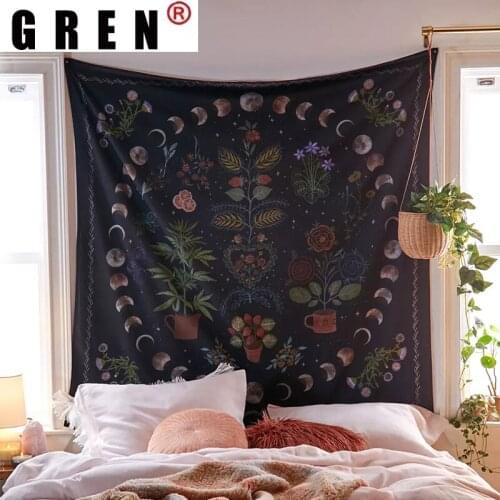 GREN Moon Phase Floral Mandala Tapestry Wall Hanging Covering Rug Background Cloth Beach Mat Blanket Art Bedroom Dorm Home Decor
