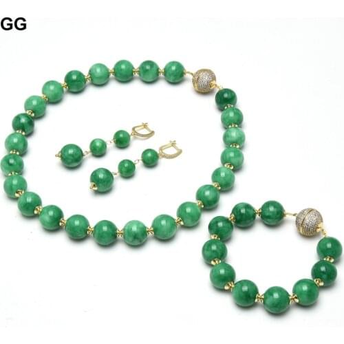 GuaiGuai Jewelry 16MM Green Jades Stone Gold Color Plated CZ Clasp Chokers Necklace Bracelet Earrings Sets Handmade For Wome