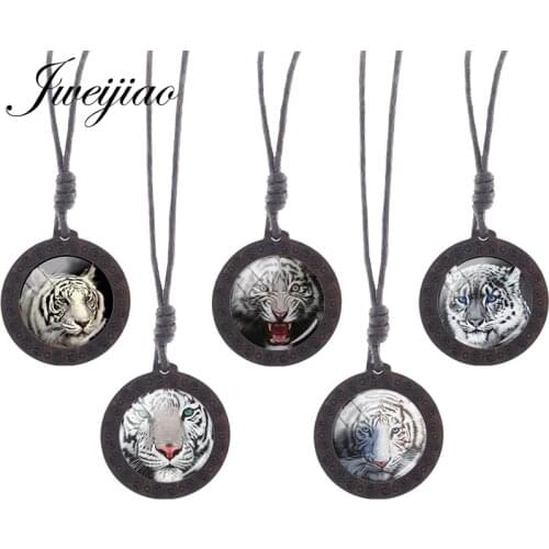 JWEIJIAO Animal Tiger Cool Picture Vintage Rope Chains Necklaces Wooden Round Glass Pendant Fashion Jewelry For Men Gifts E633