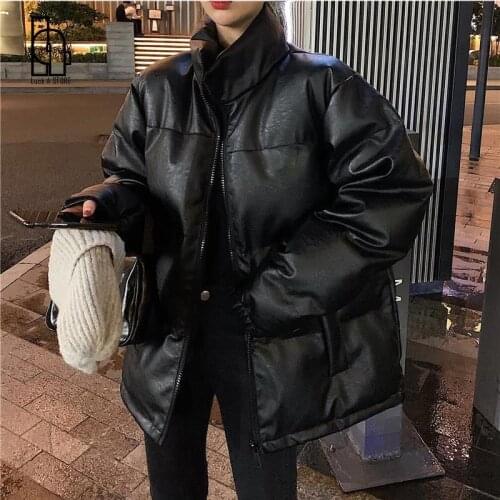 Faux Leather Jacket Women Puffer Parka Black Bright Color Thick Korea Winter Fall Pu Oversized Coat Female Outerwear