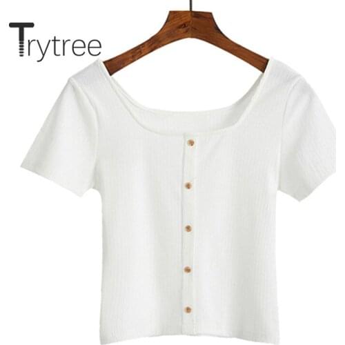 Trytree 2020 Summer T-shirt Women Casual Square Collar Solid 6 Color Slim fit Sexy Fashion All-Purpose Style Short T-shirt