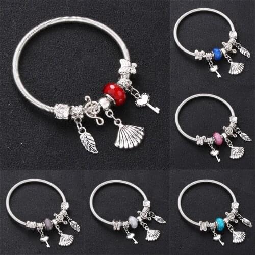 Trendy Elastic metal Original Shell Key Leaves Charm Bracelets For Women Glass Beads Brand Bracelet & Bangle DIY Jewelry gifts