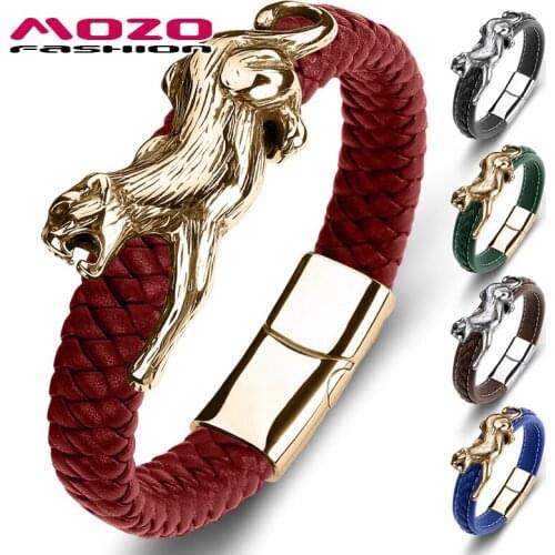 MOZO FASHION 2020 New Trendy Men Bracelet Black Genuine Leather Skeleton Stainless Steel High Quality Leopard Jewelry Gift 098