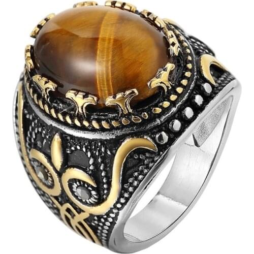 Miqiao Hot Sale Punk Vintage Personality Gemstone Stainless Steel Rings for Men Women Couple Friend Fashion Design Gift Jewelry