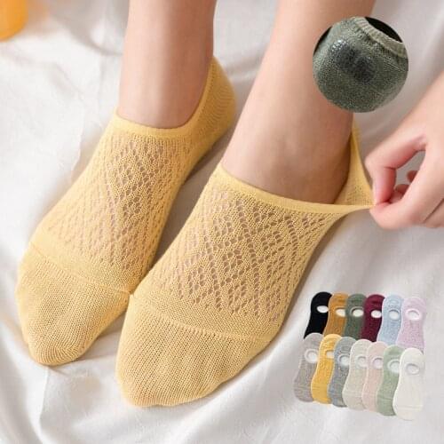 5 Pairs Women Socks Solid Mesh Non-Slip Invisible Summer Ankle Boat Slipper Set Hollow Shallow Cotton Candy Colorful Set Female