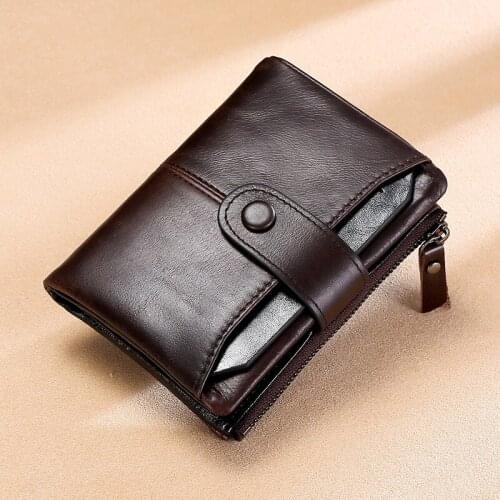 New RFID Mens Wallet Top Layer Cowhide Casual Short Clutch Bag Buckle Oil Wax Leather Coin Wallet Thanksgiving Gift
