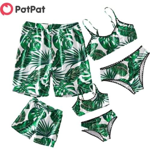 PatPat 2021 New Arrival Summer Crochet Trim Tropical Leaves Print Family Matching Swimsuits Family Look Childrens Clothing