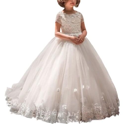 Abaowedding white flower girls mesh dress with sleeves first communion ball gown muslim kids dress for girls chidlrens dresses