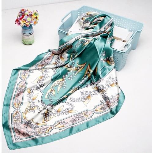 Floral Print Kerchief Silk Satin Hijab Scarf For Women Square Shawls Fashion Bandana Head Scarfs Female 90cm Scarves For Ladies