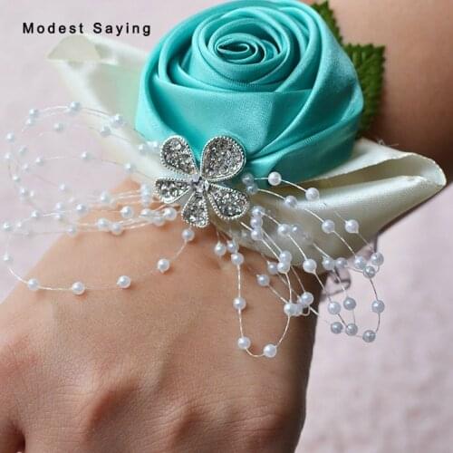 Romantic Turquoise Artificial Flowers Pearls Wedding Wrist Corsages 2018 for Groomsman Wedding Decoration Party Prom Accessories