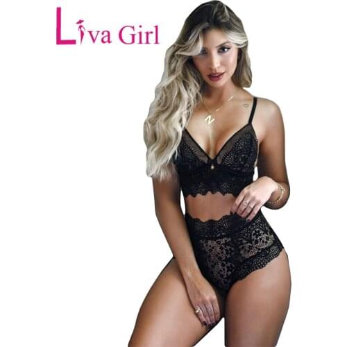 LIVA GIRL Woman Sexy Strappy Lace Bralette High Waist Lace Up Panty Set Black Red White Lingerie Set Female Hollow Out Underwear