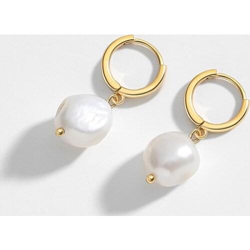 18k gold Authentic 925 Sterling silver Circle & dysmorphism Baroque Freshwater pearl Piercing Ear Huggie Hoop earrings C-E1597E
