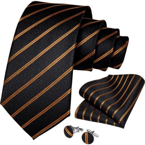 Silk Men Tie Gold Black Striped Wedding Tie for Men Necktie Handky cufflinks Set DiBanGu Designer Party Business FashionSJT-7320