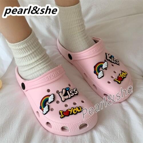 Women Beach Slippers Girl EVA Hole Sandals Outdoor Leisure Flat Clogs Woman Home ​Cute Garden Flip Flops Ladies charm DIY Slides