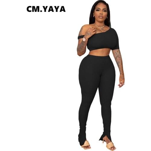 CM.YAYA Women Set Solid Asymmetrical Short Sleeve Skew Collar Crop Tops Stretchy Pants Two 2 Piece Sets Tracksuit Summer Outfits