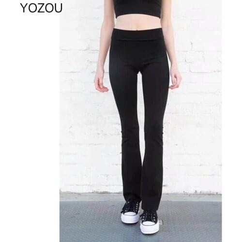 YOZOU Vintage Casual Black Solid Skinny Elastic Waist Long Flare Pants YL-462