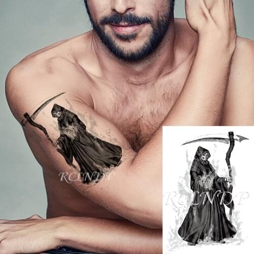 Waterproof Temporary Tattoo Sticker Thanatos with Big Sickle Reaper Black Cloak Fake Tatto Flash Tatoo Art for Men Women