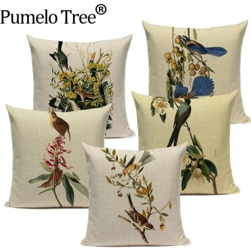 High Quality Green Plant Flowers Bird Cushion Cover Decorative For Sofa Car Home Woven Linen Pillow Case Custom Throw Pillows