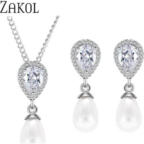 ZAKOL Exquisite White Color Simulated Pearl Jewelry Set Fashion Cubic Zircon Earrings Neckalce Set for Women Party FSSP323