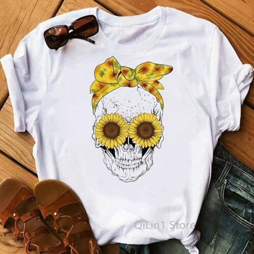 Funny Punk Skull Print Women Summer T Shirt Geek Top Female Hip Hop Rock Tshirt 90s White Short Sleeve Casual Aesthetic Clothes