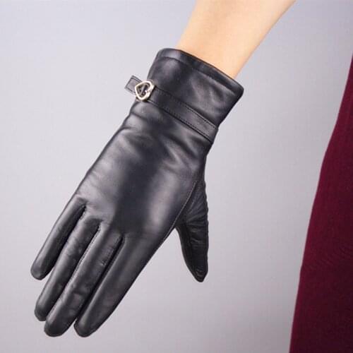 Gloves WomenS Leather Medium Long Classic Elegant WomenS Sheepskin Gloves Black Warm Velvet Lined Metal Buckle Style TB68
