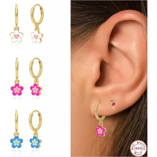 GS 925 Sterling Silver Cute Colored Enamel Flower Pendant Drop Earrings For Women Trendy Drip Oil Heart Charm Drop Earrings