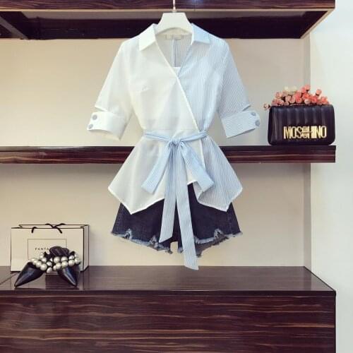 Women 2 Piece Set New 2021 Summer Striped Chiffon shirt Tops + High Waist Button Fringed jeans suits clothing Chiffon Patchwork