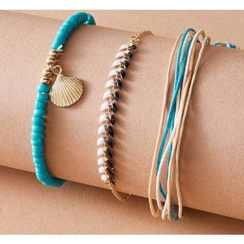 Docona 3pcs Ethnic Shell Blue Seed Beaded Anklet Set for Women Multilayer Alloy Arrow Elastic Foot Chains Female Beach Jewelry