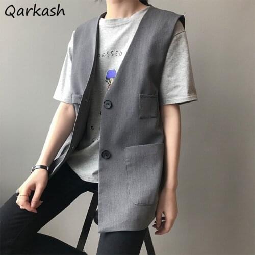 Vests Women V-neck Summer Pure Color Office Ladies Leisure Hipster Minimalist Korean All-match Outerwear Chic BF Harajuku Simple
