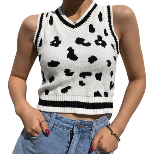Women Sweater Vest Cow Print Sleeveless V Neck Rib Knit Pullover Crop Top Autumn Spring Female Knit Slim Fit Tank
