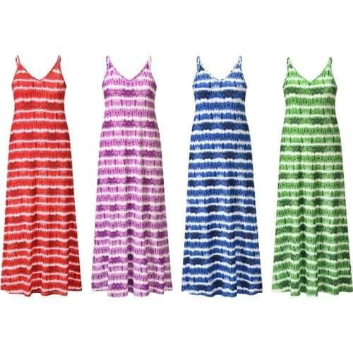Womens Bohemian Striped Printed V-Neck Sling Dress E15E