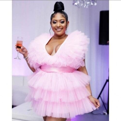 Fashion Light Pink Tulle Short Women Dresses To Birthday Party A-line Ruffles Tiered Mini Women Dress V-neck Famale Dress