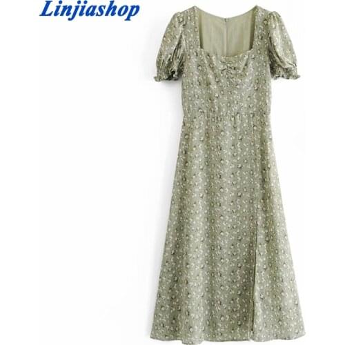 Vintage Girl Dance Print Chiffon Vestidos Palace Short Sleeve Women Midi Dress O Neck Split Dresses